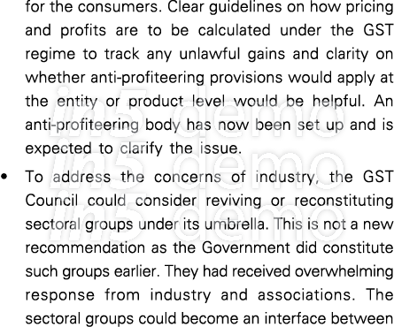 for the consumers  Clear guidelines on how pricing and profits are to be calculated under the GST regime to track any   
